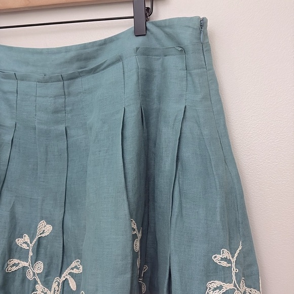 Talbots Floral Embroidered Pleated Skirt 100% Linen Teal Lined Cottagecore Sz 14 - Picture 11 of 13